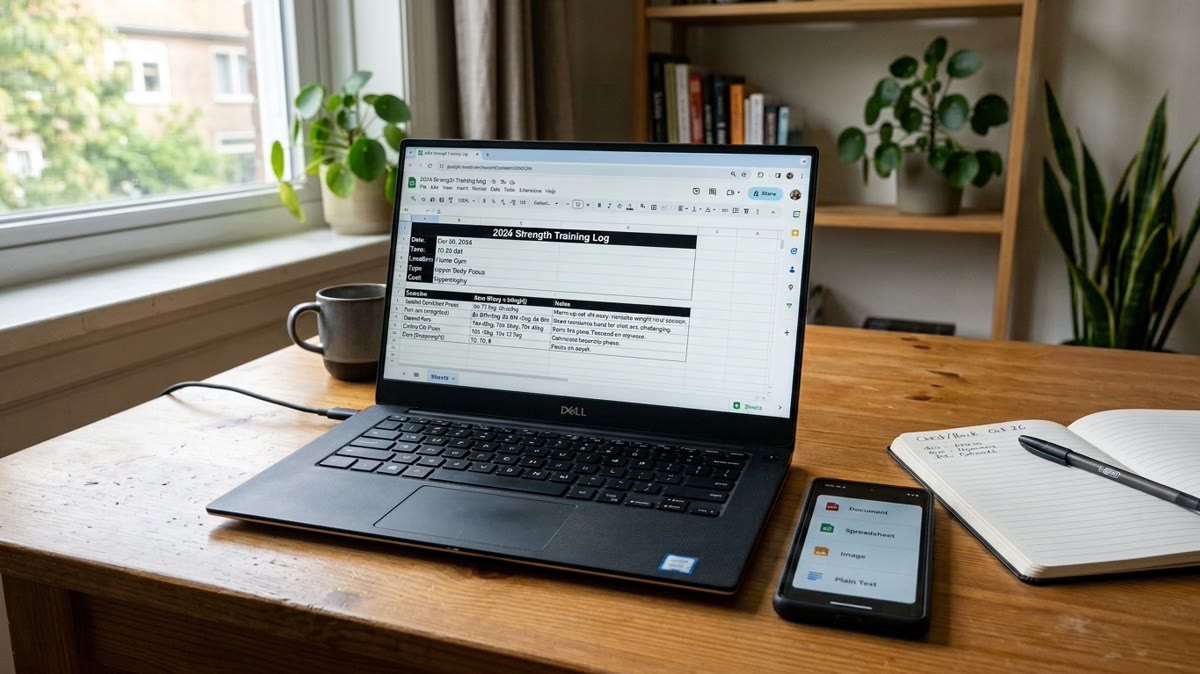 A laptop showing a workout-history spreadsheet next to a phone on Repport's export screen