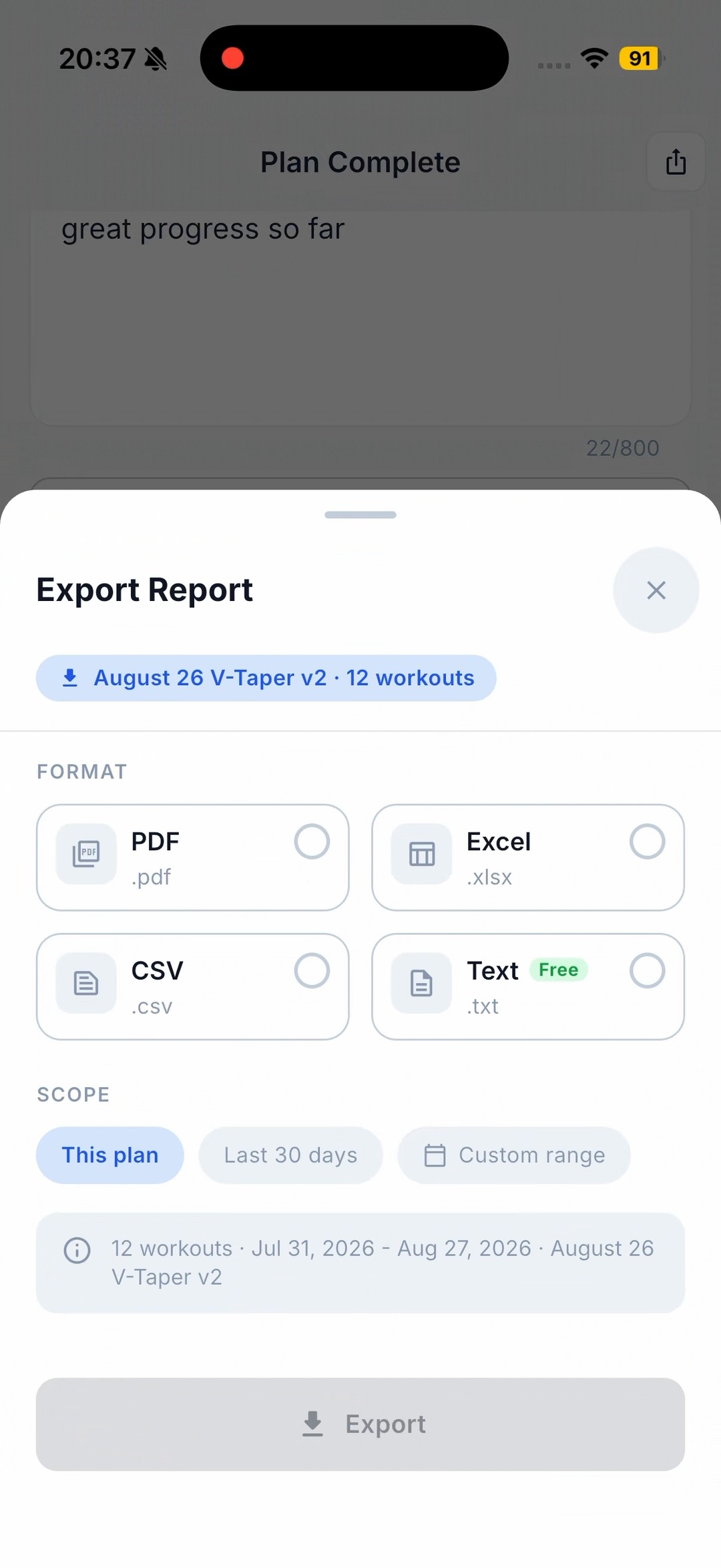 Repport's Export Report sheet with PDF, Excel, CSV and Text formats and This plan, Last 30 days and Custom range scope options