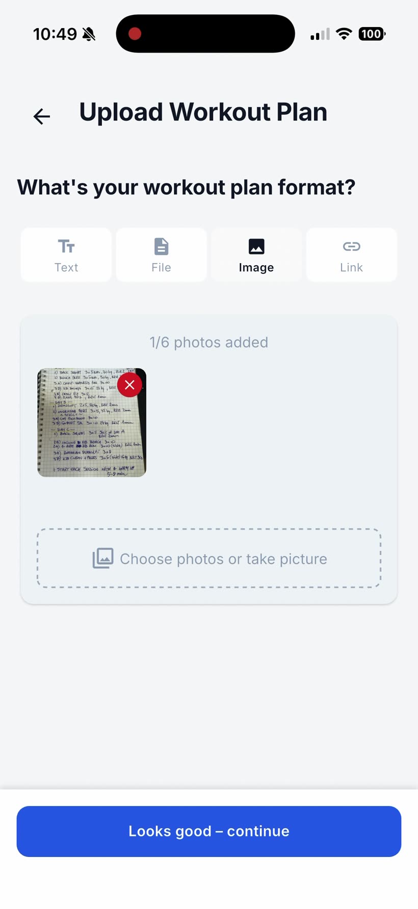 Repport's Upload Workout Plan screen with Image selected and the handwritten notebook page added as a single photo