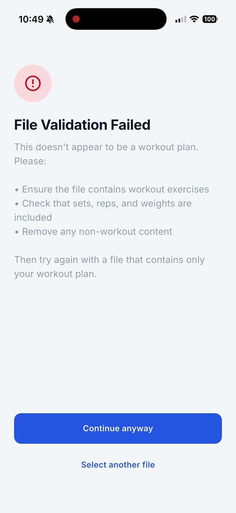 Repport's File Validation Failed screen reading "This doesn't appear to be a workout plan", with Continue anyway and Select another file buttons
