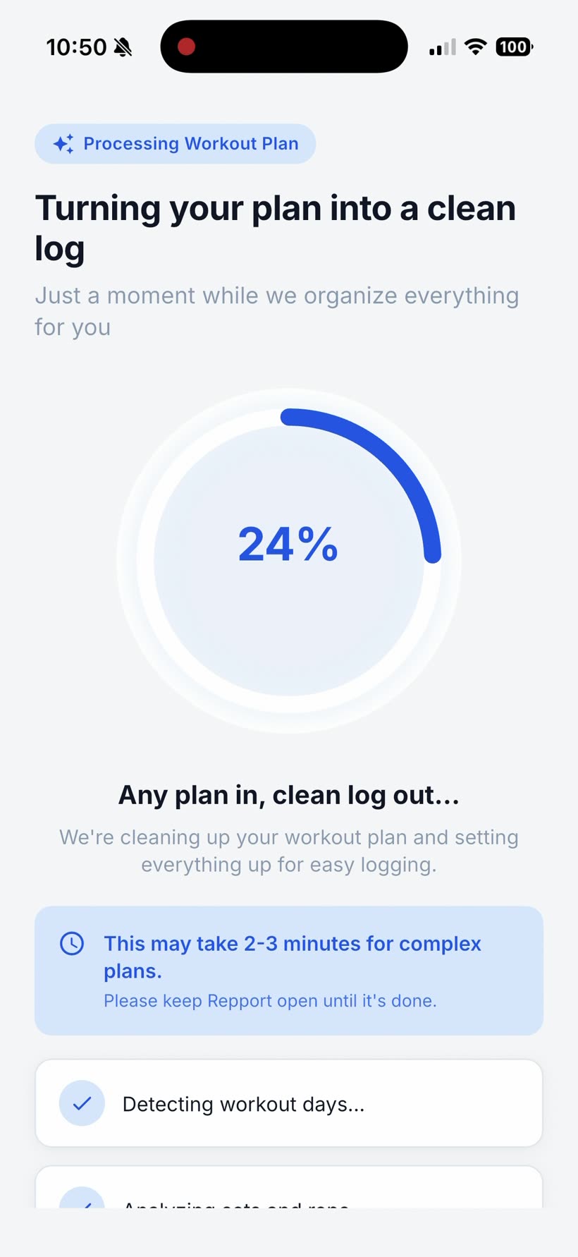Repport's processing screen, "Turning your plan into a clean log", at 24 percent with a "Detecting workout days" step