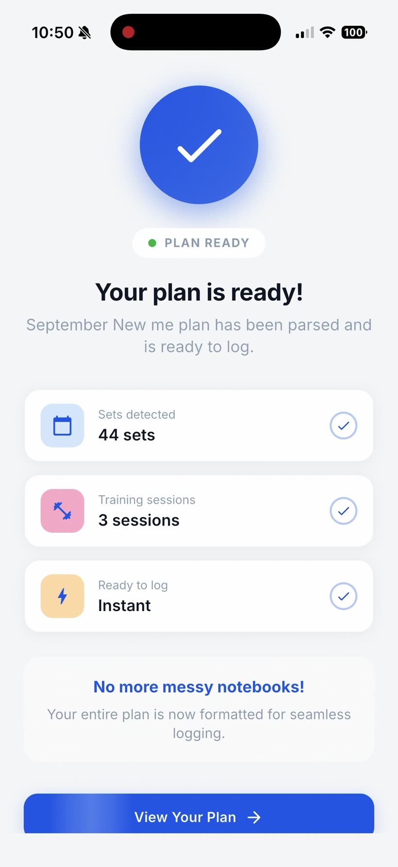 Repport's Plan Ready screen showing 44 sets detected, 3 training sessions, and Instant ready-to-log