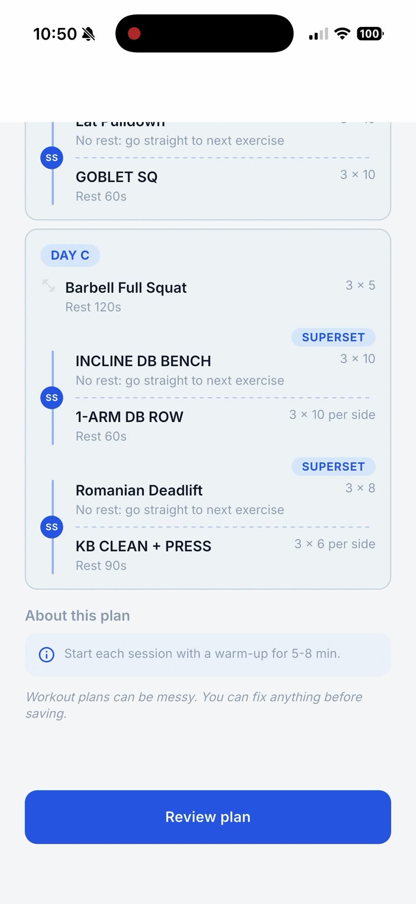 Repport's day preview for DAY C ending with an "About this plan" note reading "Start each session with a warm-up for 5-8 min."