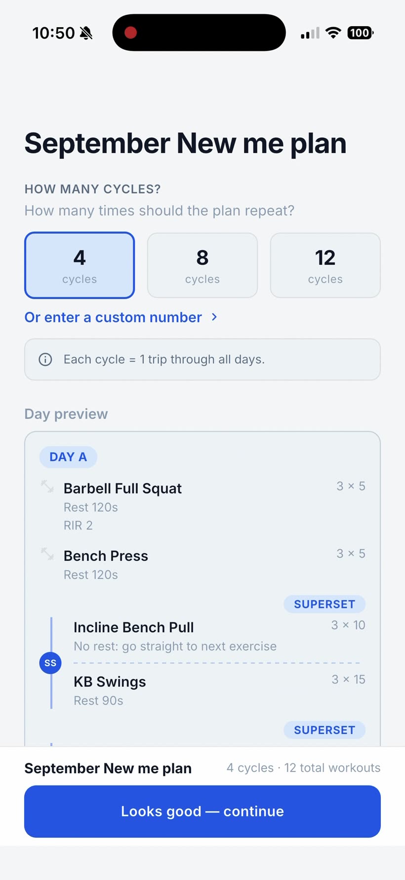 Repport asking "How many cycles? How many times should the plan repeat?" with 4, 8 and 12 cycle options and 4 selected