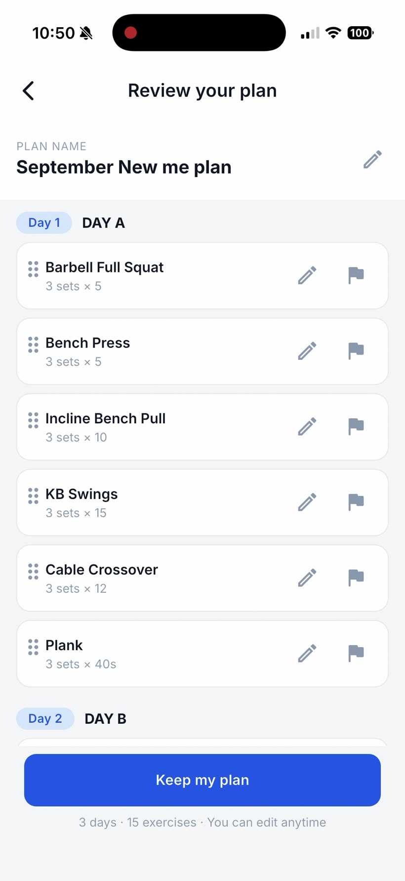 Repport's Review your plan screen listing Day 1 DAY A with every exercise, each with an edit and a flag control, above a Keep my plan button