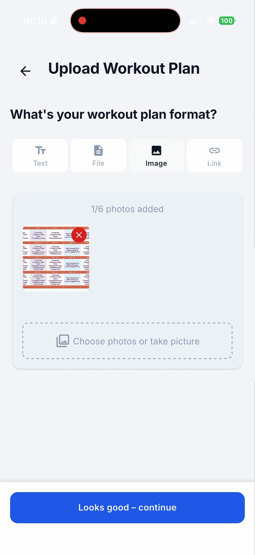 Repport's Upload Workout Plan screen with Image selected and the 28-day challenge grid added as one photo