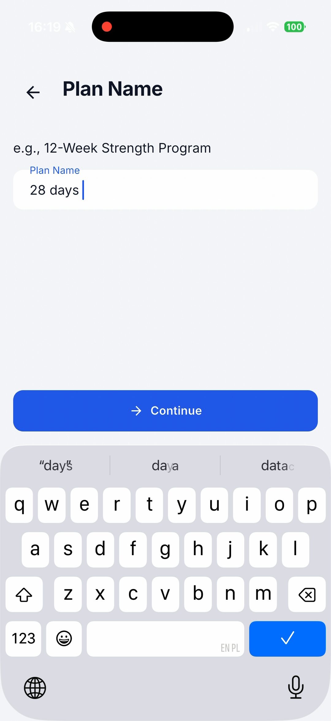 Repport's Plan Name screen with "28 days fat loss" typed in