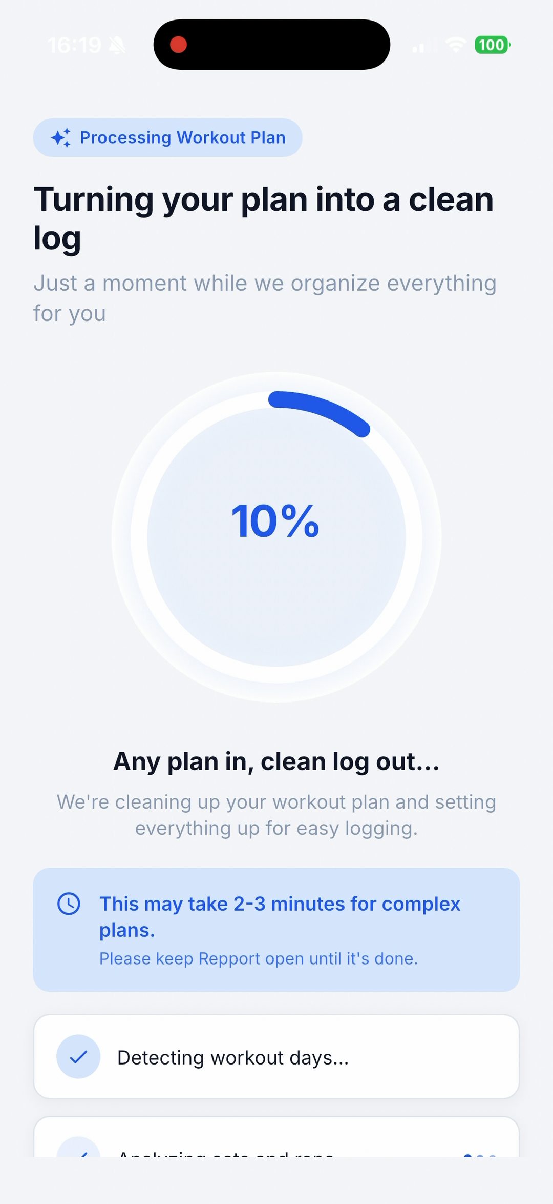 Repport's processing screen reading "Turning your plan into a clean log" with a progress dial and a "Detecting workout days" step
