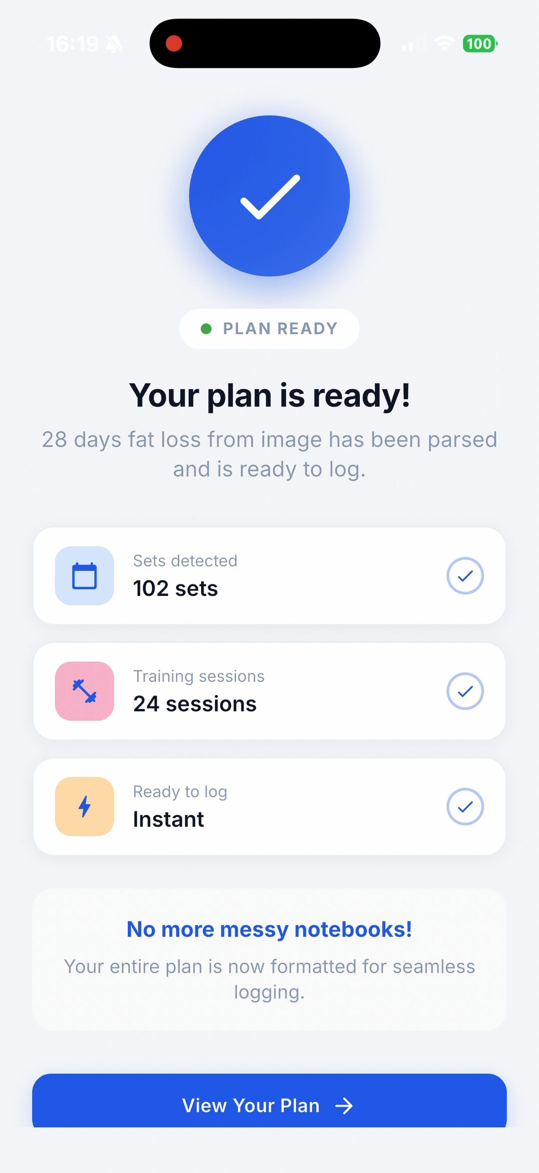 Repport's Plan Ready screen showing 102 sets detected, 24 training sessions, and Instant ready-to-log