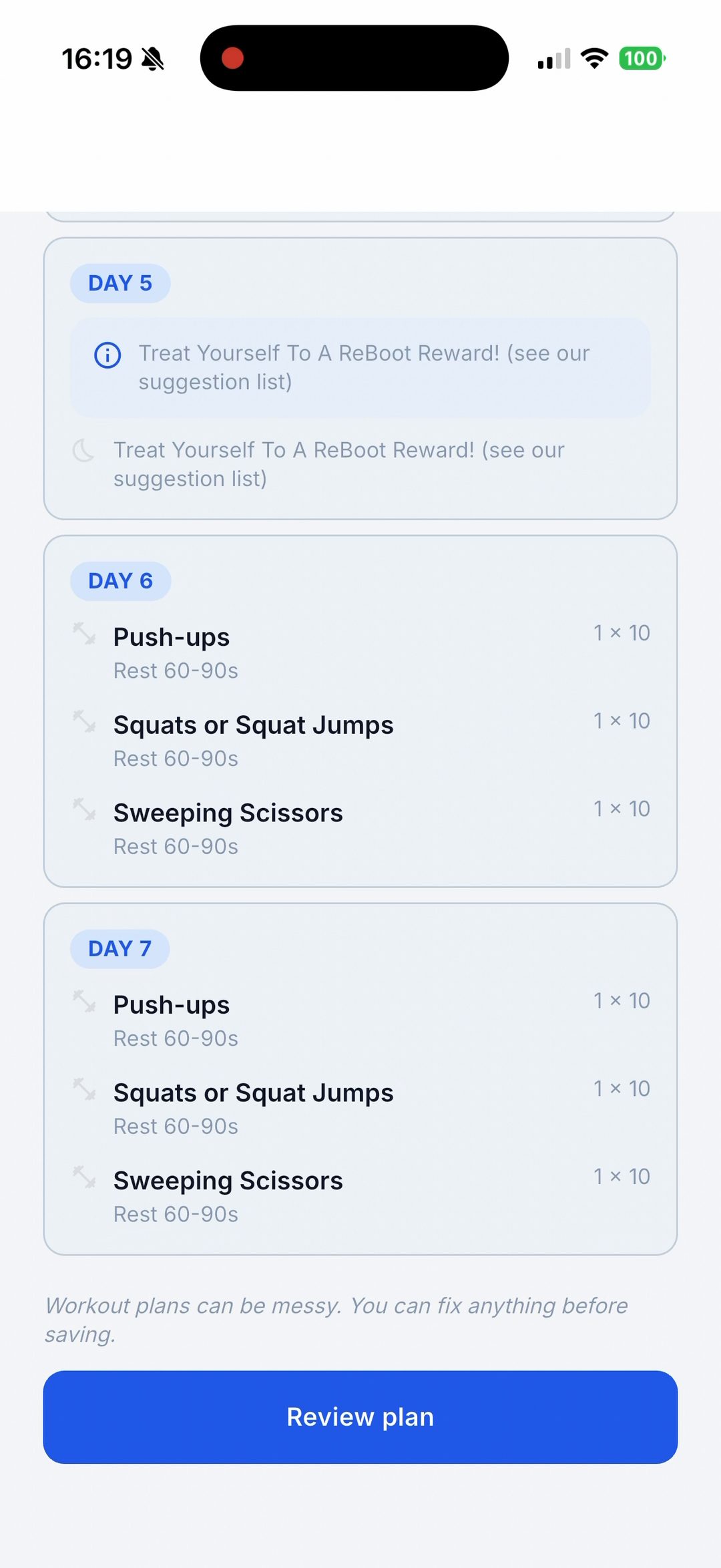 Repport's review screen showing Day 5 as a "Treat Yourself To A ReBoot Reward" rest note, and Days 6 and 7 as three exercises at 1 set of 10