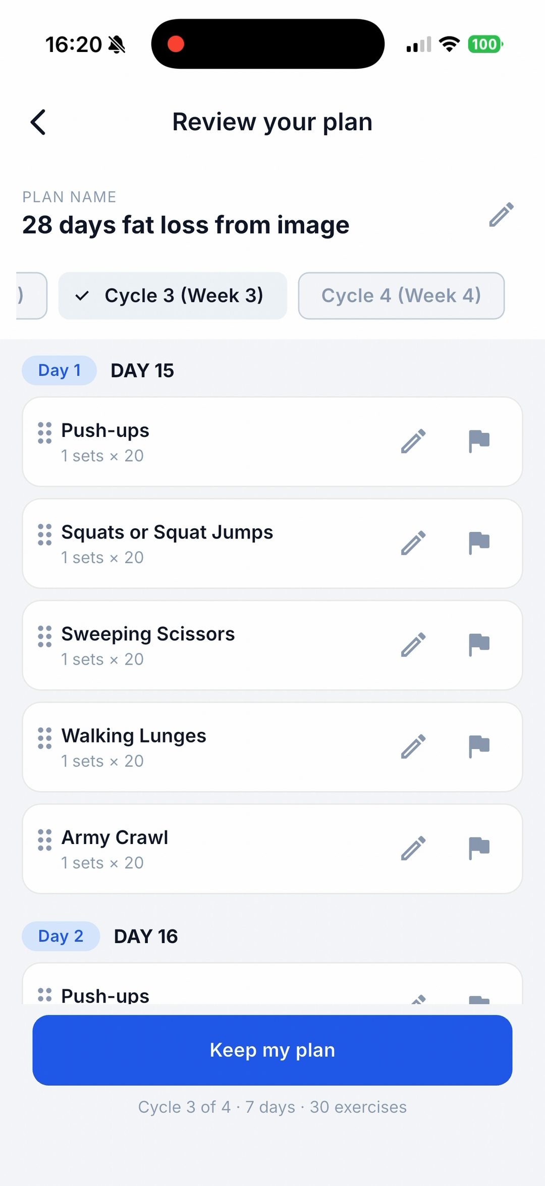 Repport's review screen on Cycle 3, Week 3, showing five exercises at 1 set of 20 and a footer reading "7 days, 30 exercises"