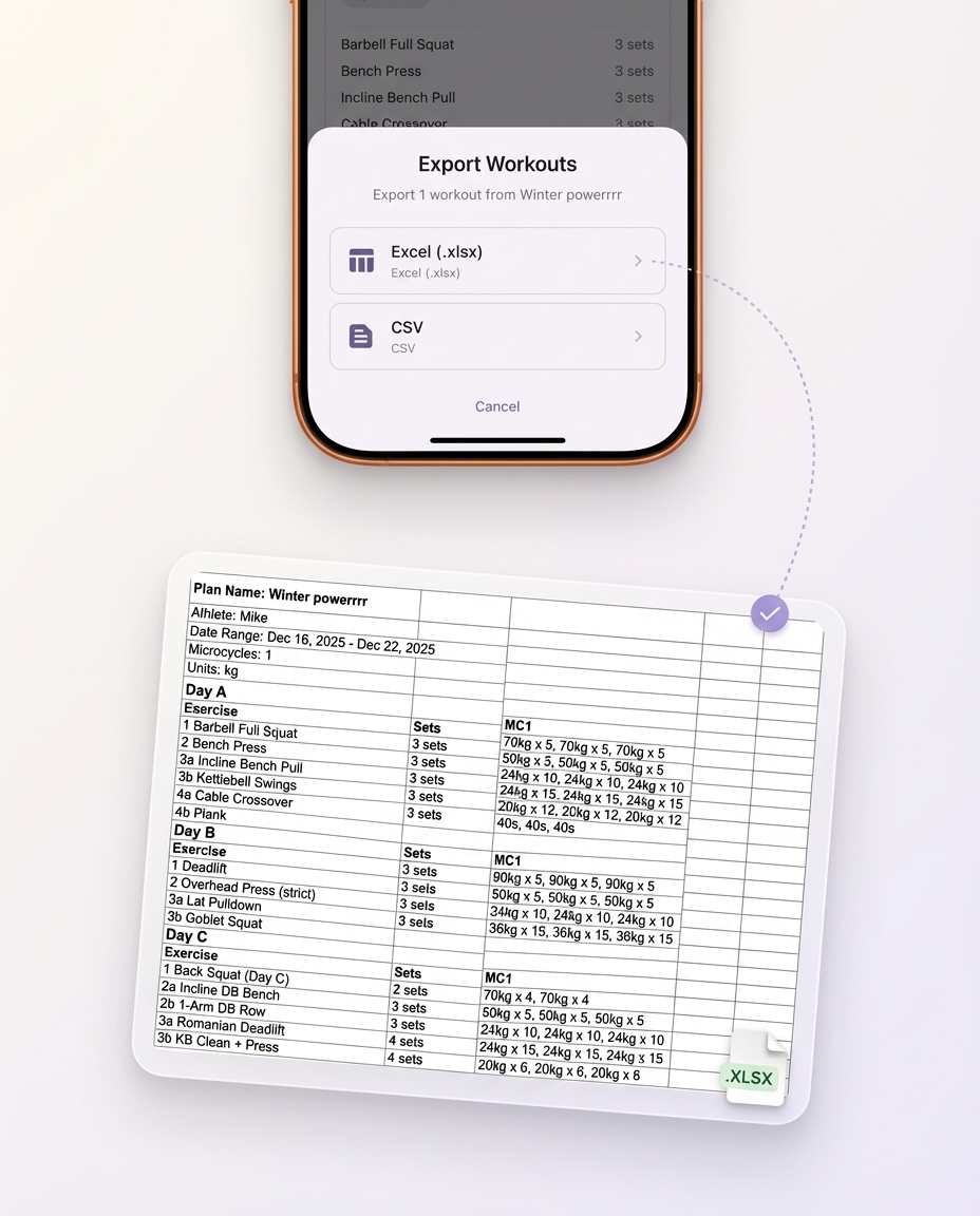 Exporting workouts from the Repport app to an Excel spreadsheet.