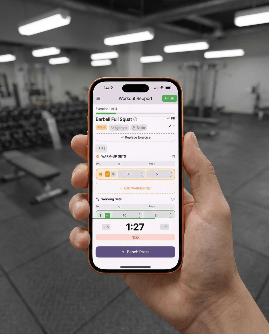 Logging sets during a gym session in the Repport app.
