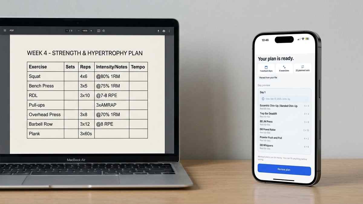 A coach's PDF workout plan next to a phone showing the same session as a structured, loggable app screen
