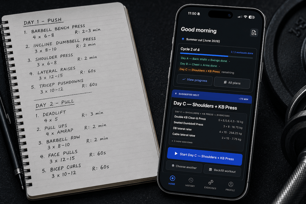 A coach's PDF workout plan with exercise tables transforming into a mobile training app logging interface