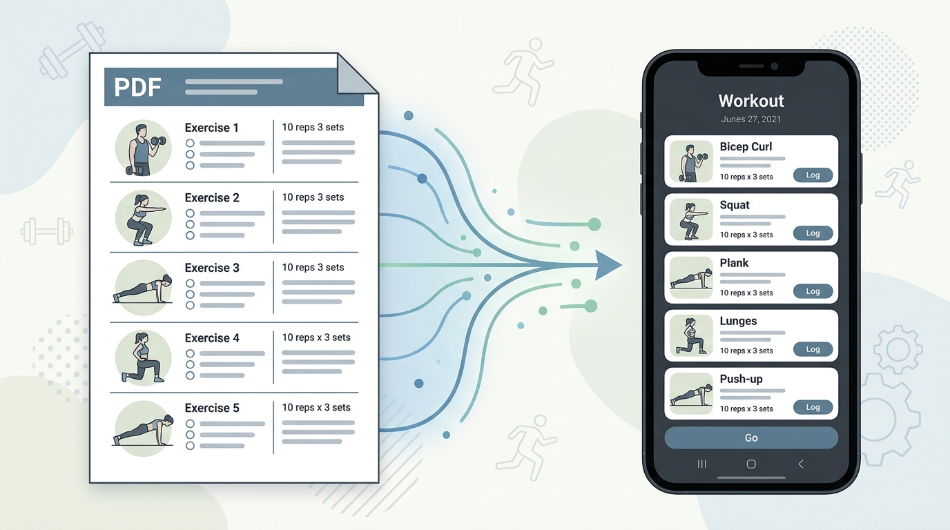 A PDF workout plan transforming into a structured mobile training session