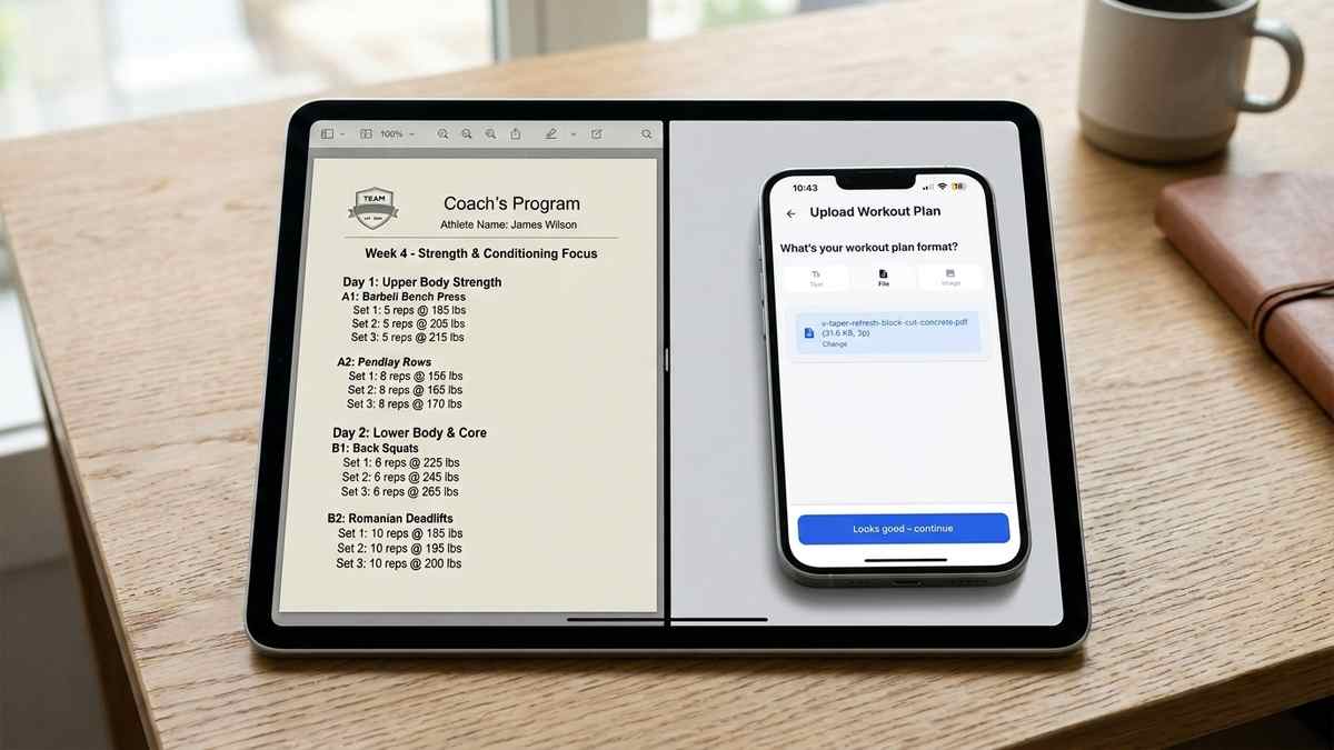 Split screen showing a PDF workout plan next to an app screen where the same PDF workout plan has been imported