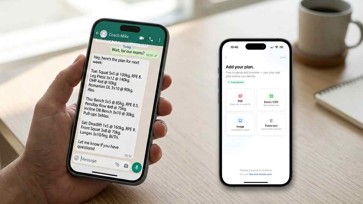 Split screen showing a coach's text message workout plan next to the same plan structured in the Repport app
