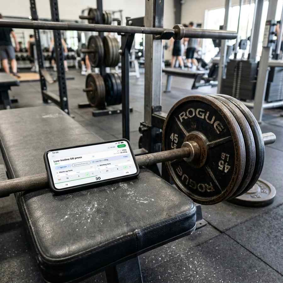 Phone screen showing an AMRAP set being logged after an nSuns T1 lift, with the rep count feeding into next week's training max