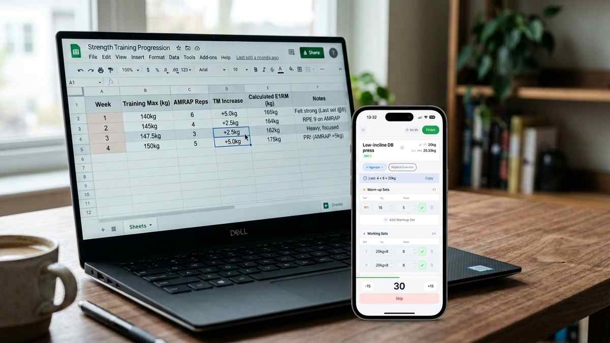 Spreadsheet showing an nSuns 5/3/1 weekly training max progression table next to a phone screen with the same plan loaded in an app