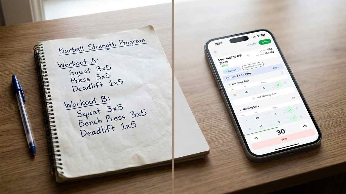 Training log showing an alternating Starting Strength A/B session next to a phone screen with the same squat, press, and deadlift sets loaded in an app