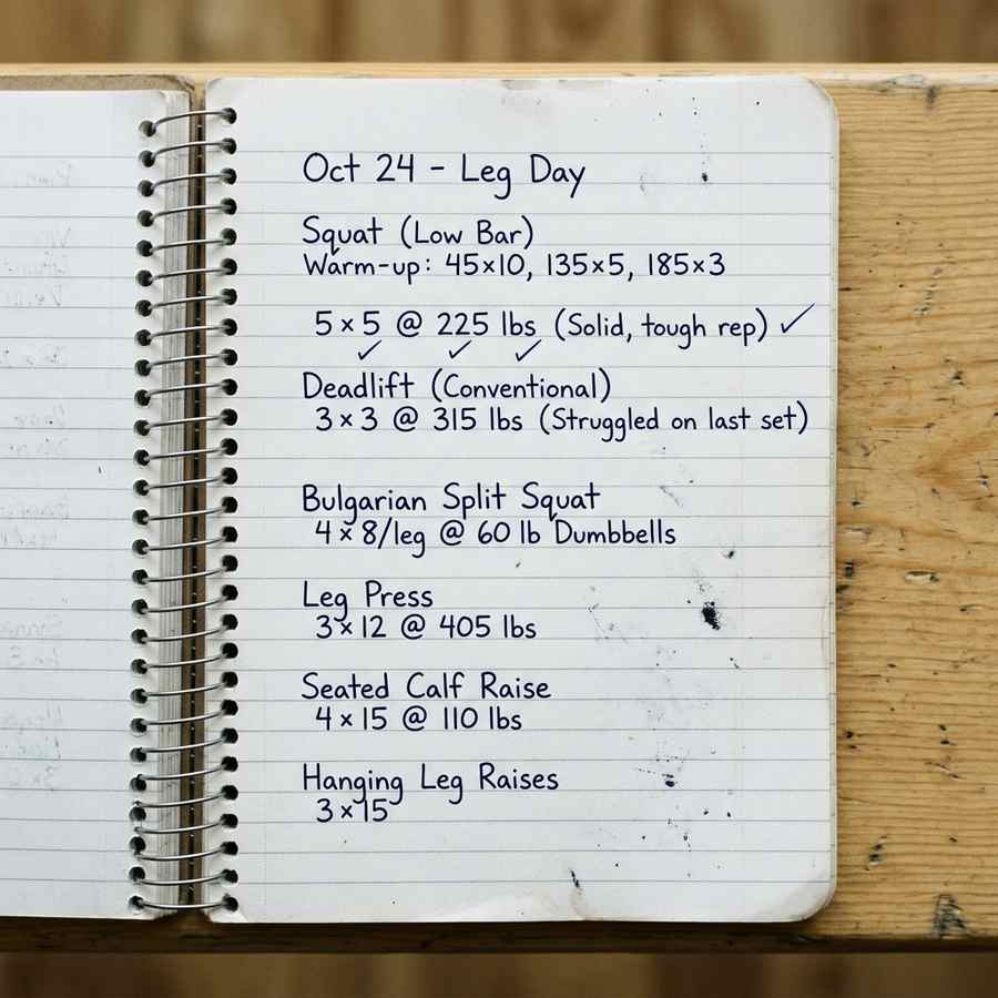 A phone camera photo of a handwritten gym whiteboard workout plan next to the same session shown as a structured, loggable list on a phone screen