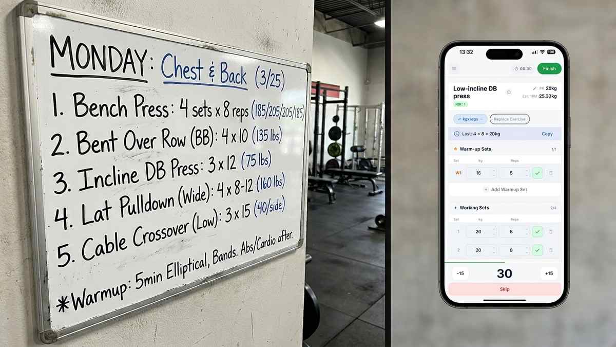 A workout plan from screenshot on a phone next to a structured, loggable Repport training session